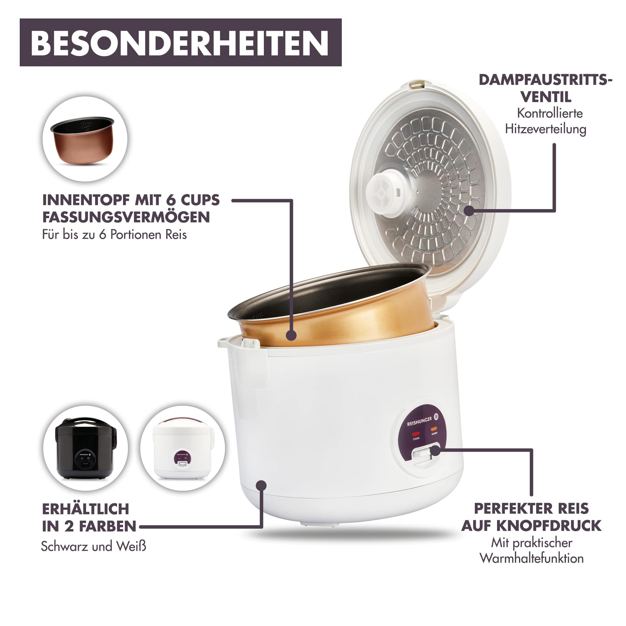 reishunger-reiskocher-dampfgarer-wei-1-2l-1-6-personen image 2